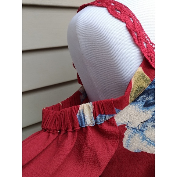 {LAST 1! S} Red Floral Blouse Choker Cold Shoulder - Picture 4 of 8